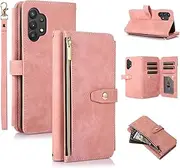 UEEBAI Case for Samsung Galaxy A32 5G, 9 Card Slots Retro Leather Wallet Shockproof Flip Cover with Hand Strap Card Slots Zipper Pocket Kickstand Handbag Magnetic Closure - Retro Pink