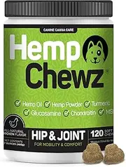 Hemp Chewz Hip & Joint Supplement for Dogs - 100% Organic Hemp Oil Infused Dog Treats for Joint Pain Relief & Mobility Support + Glucosamine, Chondroitin, Organic Turmeric, and MSM - 120 Soft Chews