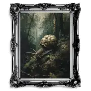 Snail on Mossy Ground in Moody Woodland Painting - Slug Wildlife Wall Decor - Go