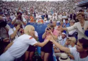 Martina Navratilova of the USA greeting friends in the crowd afte - Old Photo