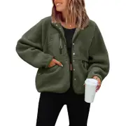 Nevenka Womens Sherpa Jacket with Pockets Button Down Short Outerwear-Army Green