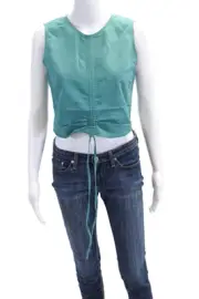 Something Navy Womens Back Zip Crew Neck Cinched Crop Top Teal Cotton Size Small