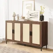 JASIWAY Sideboard - Kitchen Buffet Cabinet with Rattan Decorated Doors, Accent Sideboard Cabinet with Doors, Coffee Bar Cabinet Rattan Sideboard Buffet Cabinet with Storage