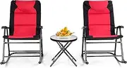 [Costway] 3PCS Folding Rocking Chair Set, Outdoor Table Chair Camping Set w/ 2 Rocking Chair&A Round Glass Coffee Table, Padded Seat, Garden Lounger Patio Foldable Furniture Set Conversation (Red)