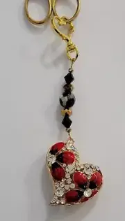Crystal Rhinestone Poppy Heart Fob & Vintage Gold Plated Embroidery Scissors