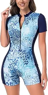 [FYMNSI] Women's Boyleg One Piece Rash Guard Swimsuit Built in Bra UPF 50+ Zip Short Sleeve Modest Swimwear Bathing Suit