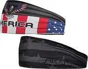 [fox & fury] Reversible Patriotic USA Headband – 2 Styles in 1: Eagle Print on One Side & Matte Black American Flag on The Other – Non-Slip Stretch Fit for Gym, Sports, Men & Women