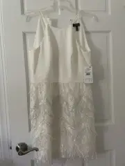 $230 Aidan Mattox Women's White Embroidered Fringe Fit & Flare Dress Size 6
