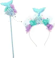 1set Mermaid Costume Set Sequin Crown Headband Fairy Wand for Accessories for Birthday Cosplay Parties Decorative Fishtail Hair Hoop Girls Mermaid Props