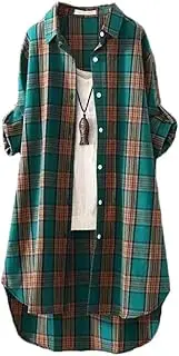 [Generic] Women Plus Size Korean Style Plaid Blouses Medium Long Casual Style Shirt Loose Long Sleeved Shirts Sunscreen Blouses