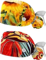 [YTYVAGT] 2-Pc,Nurse Scrub Caps,Scrub Hats with Buttons and Cotton Sweatband,Watercolor Field Sunflower