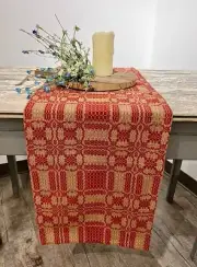 New Primitive Colonial CRANBERRY RED COVERLET TABLE RUNNER Woven Topper 56" Long
