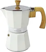 andrew james 6 Cup Moka Pot Coffee Percolator, Italian Espresso Maker Stove top Coffee Maker for Ground Coffee, Aluminium Mocha Pot with Cool Touch Handle (White with Wooden Trim)