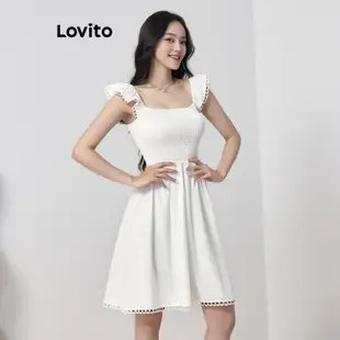 Lovito 波西米亞女式素色縮褶紡織紗線連身裙 LBL07203