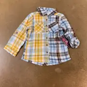 NYC Girls Size 6X Blue Plaid Flannel Long Roll Tab Sleeve Button Front Top NWT