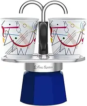 [Bialetti] Mini Express Set, Set Includes Coffee Maker, 2 Cup (90ml), 2 x Cups, Aluminium, Kandinsky, Blue, Not Suitable for Induction