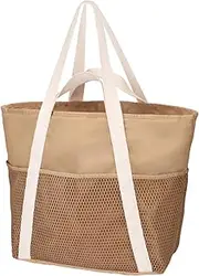 [Whyzsjnclg] Beach Bags, Beach Bag 8 Pockets Bags Large Capacity Mesh Bag Machine Washable Tote Sandproof for Pool Travel Khaki