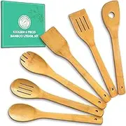 IOOLEEM 6 Pcs Bamboo Wooden Spoons, 12Inch, Non-Stick Kitchen Utensils Set, Natural and Durable Wooden Spatula Spoons for Non-Stick Pan