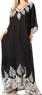 [Sakkas] 2005 - Leonor Women's Boho Casual Long Maxi Caftan Dress Kaftan Cover-up LougeWear - 8-Blackwhite - OS