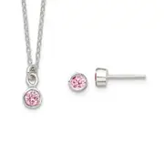 Sterling Silver Polished Pink Bezel Set Cz Children'S 14In Necklace And Stud Earrings