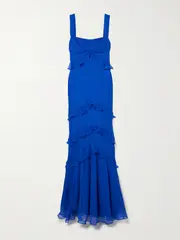 [Saloni] Saloni - Chandra Ruffled Plissé Silk-georgette Maxi Dress - Blue - UK 14 UK 14 Blue