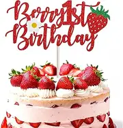 1pcs Strawberry Cake Topper Berry First Birthday Cake Topper Glitter Strawberry Shortcake Cake Topper Berry First Birthday Party Supplies for Strawberry Theme Baby Shower Strawberry Cake Decorations