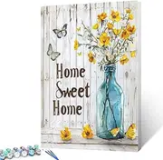 Letter Home Sweet Home Paint by Numbers Kits 16x20 inch Canvas Rustic Yellow Flowers and Butterfly DIY Oil Painting for Kids, Students, Adults Beginner with Brushes and Acrylic Pigment（without Frame）