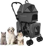 Cat Dog Pram Breathable Double Pet Stroller Travel Carrier, 4 Wheel Pet Dog Stroller Pushchair Lightweight Pet Strollers for Dogs and Cats, Great for Twin Or Multiple(Gray a)