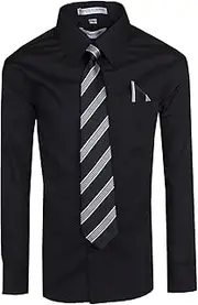 [Tuxgear] Boys Long Sleeve Button Up Dress Shirt with Necktie and Pocket Square