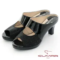 在飛比找momo購物網優惠-【CUMAR】優雅化身鏤空感鑽飾尖頭粗跟魚口粗跟涼鞋(黑色)