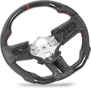 Hydro Dip Steering Wheel, Ergonomic Comfortable Grip Perforated Leather Carbon Fiber Look Steering Wheel for Mustang