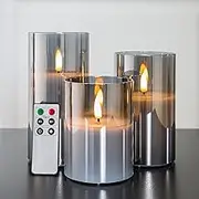 Eywamage Grey Glass Flameless Candles with Remote, Flickering Battery Operated LED Pillar Candles Set of 3, Home Decor