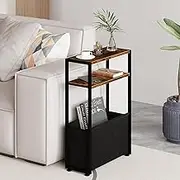 Leomonio Narrow Side Table, Slim End Tables with Fabric Basket, Skinny Table for Small Spaces, Thin Bedside Table for Living Room, Bedroom