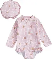 [Happy Cherry] Baby Girl Swimsuit Long Sleeve 0-2 Years Swimming Suit Rash Guard + Swim Cap Swimwear Zip Bathing Suit