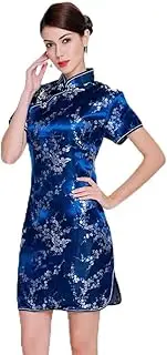 [LIALIYA] Chinese Cheongsam, Short Sleeve Shirt Blouse China for Women, Mini Evening Dress, Black and Red Cheongsam, Mandarin Collar Cheongsam,Blue,X Large