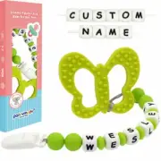 Silicone Personalised Dummy Clip with Green Butterfly Teether Name Shower Gift