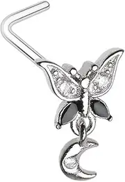[Pierced Owl] 20GA 316L Stainless Steel Black CZ Crystal Butterfly with Dangling Moon L-Bend Nose Stud, 20ga, Metal, cubic zirconia