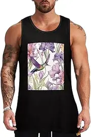 [NQHJT] Men Tank Tops Hummingbirds Irises Flowers Sleeveless T Shirts for Men's Fitness Quick Dry Gym Tank Top for Men