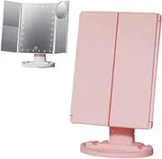 Tri-Fold LED Makeup Mirror | Portable Tabletop Vanity Mirror | Stepless Dimming | 1X/2X/3X Magnification + 10X Small Mirror | Home & Travel Makeup Tool (Pink)