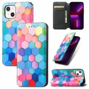 For Apple iPhone 13 Leather Wallet Flip Case With RFID Blocking Credit Card Holder Slots Cover - Colored Squares
