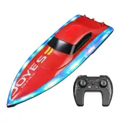 2.4G RC Boat Waterproof Speedboat LED Light High Speed Remote Control Ship Dual Motors Vehicles Models Toys with 2 Batteries, Red