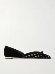 [Aquazzura] Aquazzura - Romance Bow-embellished Mesh-trimmed Velvet Pointed-toe Ballet Flats - Black - IT36.5 IT 36.5 Black