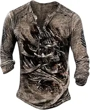 [Achinel] Mens Henley Shirts Vintage Distressed Tops Button Up Blouse Long Sleeve Casual Tee Shirts Gym Shirts