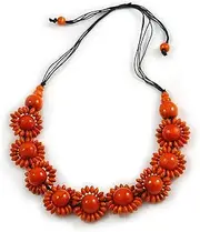[Avalaya] Orange Wood Bead Floral Cotton Cord Necklace - Adjustable, One Size, cords Wood