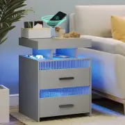 Dystler Grey Bedside Table with Charging Station: Nightstand with Drawers Night