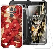 Red Flowers Pattern Case Compatible with Oukitel WP9 + [2 Pack] Screen Protector Tempered Glass, Shockproof Case Cover for Oukitel WP9 Pro (5.86 inch)