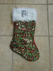 LETTER R SPARKLY CHRISTMAS HOLIDAY STOCKING RED GREEN SEQUINS