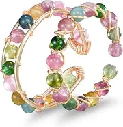 [Melhill] Stackable Tourmaline Gemstone Rings Adjustable Gold-plated Open Band Boho Everyday Wear Jewelry for Women