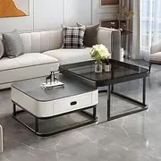 Coffee Table Marble Table for Living Room, Set of 2 Coffee Table Modern Minimalist Side Table, Glam Square Glass/Slate Metal Frame Cocktail Table with Drawer for Reception Room Office,D