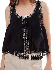 [Generic] Women Lace Trim Tank Tops Summer Boho Front Tie Top Cami Sleeveless Shirt Y2k Tops Clothes